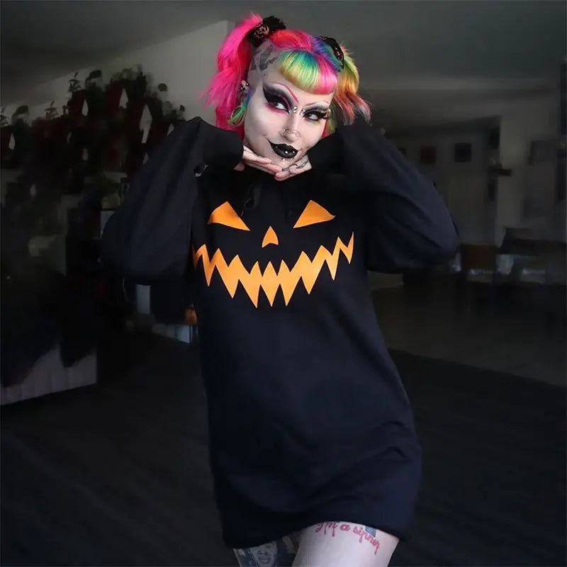Halloween Pumpkin Print Hooded Dress with Drawstring