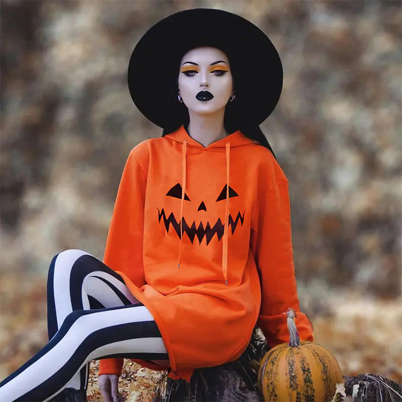 Halloween Pumpkin Print Hooded Dress with Drawstring