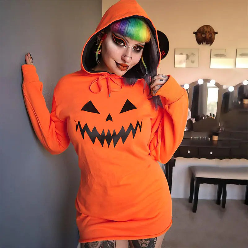 Halloween Pumpkin Print Hooded Dress with Drawstring