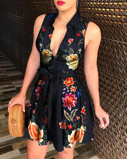Women’s V-Neck Floral Tie Dress - Casual Sleepwear