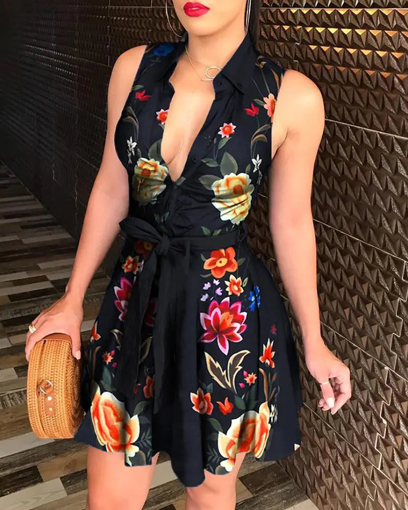Women’s V-Neck Floral Tie Dress - Casual Sleepwear