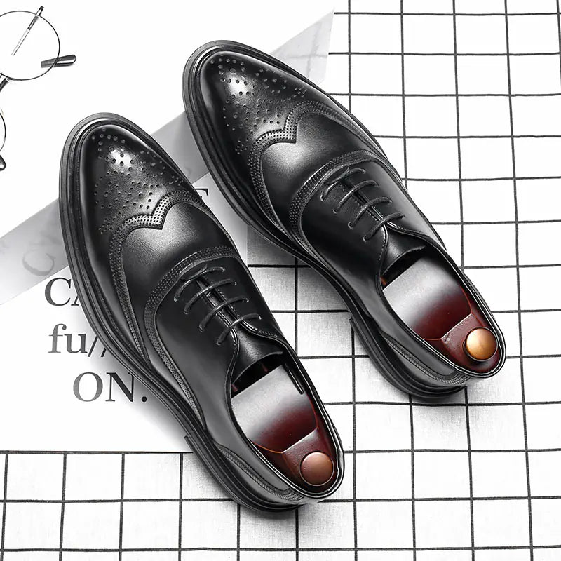 Men's Genuine Leather Brogue Dress Shoes - Black