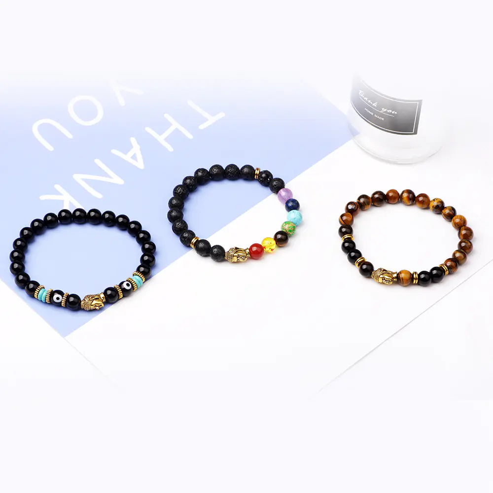 Agate Buddha Head Bracelet with Lava Stone Charm