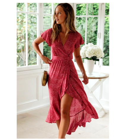 Floral V-Neck Short Sleeve Tie Dress