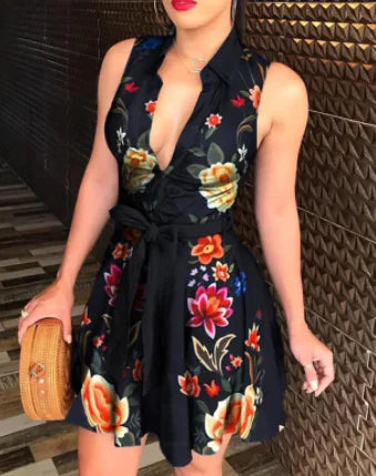 Women’s V-Neck Floral Tie Dress - Casual Sleepwear