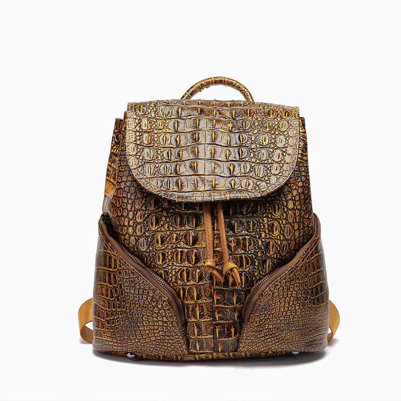 Vintage-Inspired Crocodile-Pattern Backpack with Top Handle